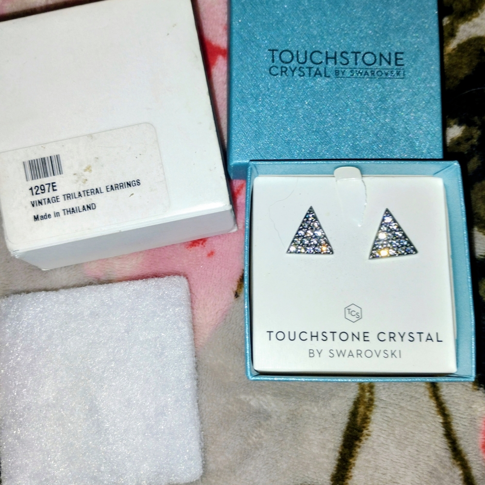 Touchstone Crystals set in Silver Metal Triangle Earrings